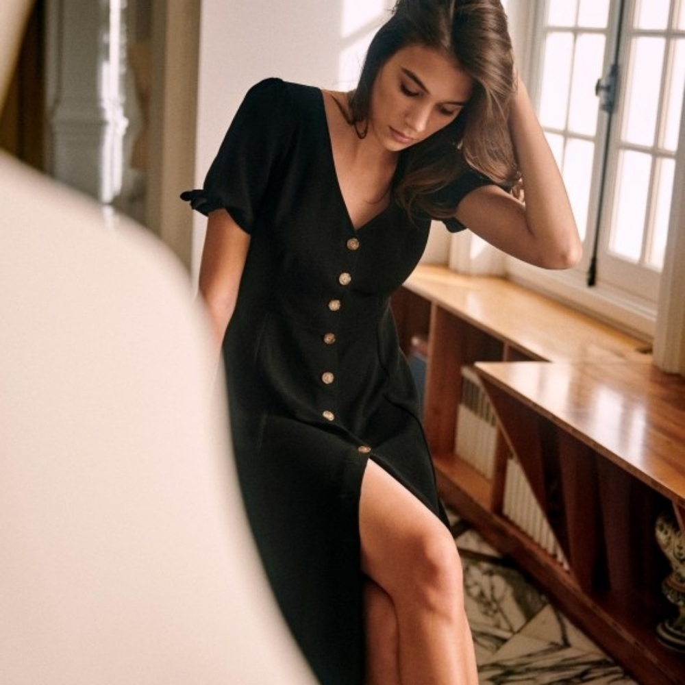 Sezane VIC | Black Midi Dress with Button Detail